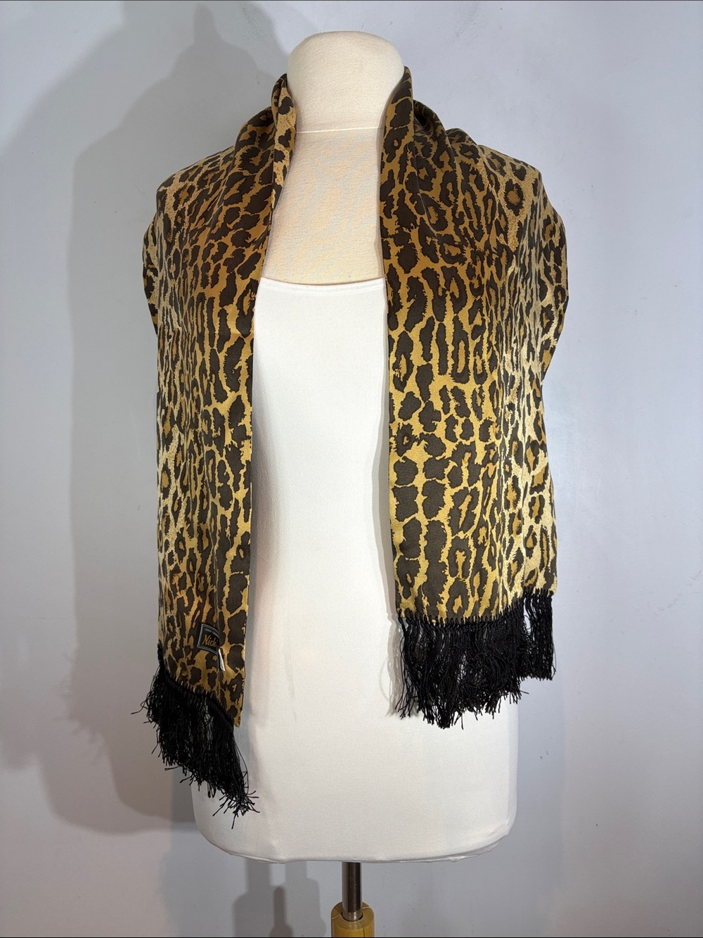 Nick & Nora NYC Leopard Print 100% Silk Fringe Scarf Wrap Shawl